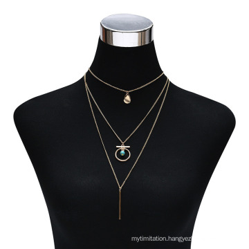 Trendy Design Alloy Natural Stone Pendant 3 Layered Necklace